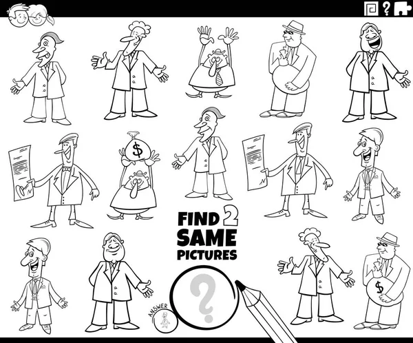 Komik adamlar ve iş adamları ile aynı iki eğitici oyunu bulmanın siyah ve beyaz çizgi film çizimi kitap sayfalarını boyayan karakterler