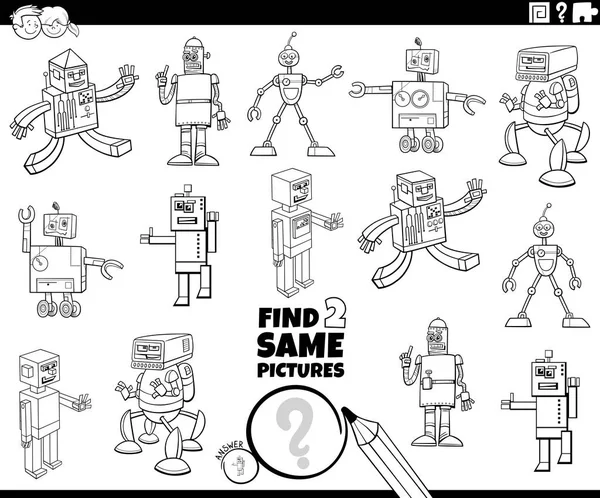 Komik Robot Karakter Boyama Kitabı Sayfası Olan Iki Aynı Eğitici — Stok Vektör