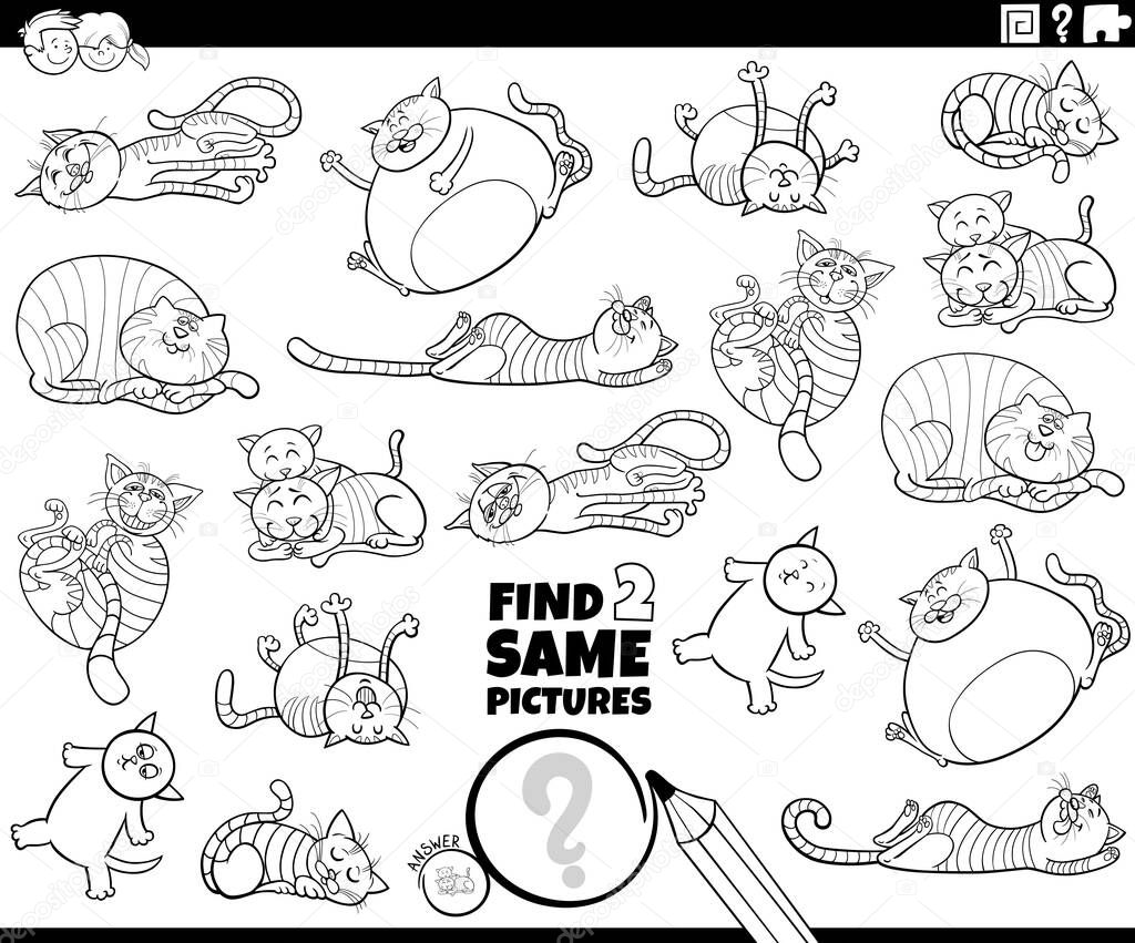 Black and white cartoon illustration of finding two same pictures educational game with sleeping cats animal characters coloring book page