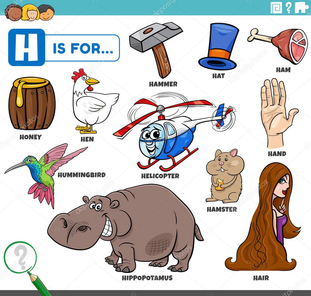 educational cartoon illustration for children with comic characters and objects set for letter H