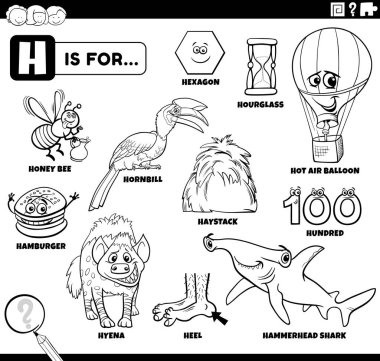 H harfi boyama kitabı sayfası için belirlenmiş komik karakterleri ve nesneleri olan çocuklar için siyah ve beyaz eğitim çizgi filmi çizimi