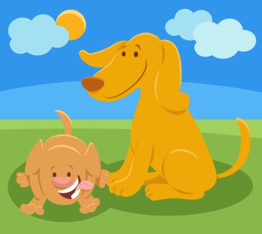Çizgi film çizimi, köpek anne hayvan karakteri ve küçük mutlu köpek yavrusu.