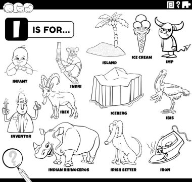 I harfi boyama sayfası için belirlenmiş komik karakterli ve nesneli çocuklar için siyah ve beyaz çizgi film çizimi