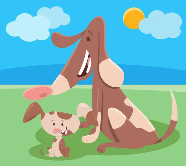 Cartoon Illustration Von Hund Mama Tierfigur Mit Niedlichen Kleinen Welpen — Stockvektor