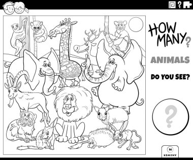 Black and white illustration of educational counting game for children with cartoon wild animal characters group coloring book page clipart