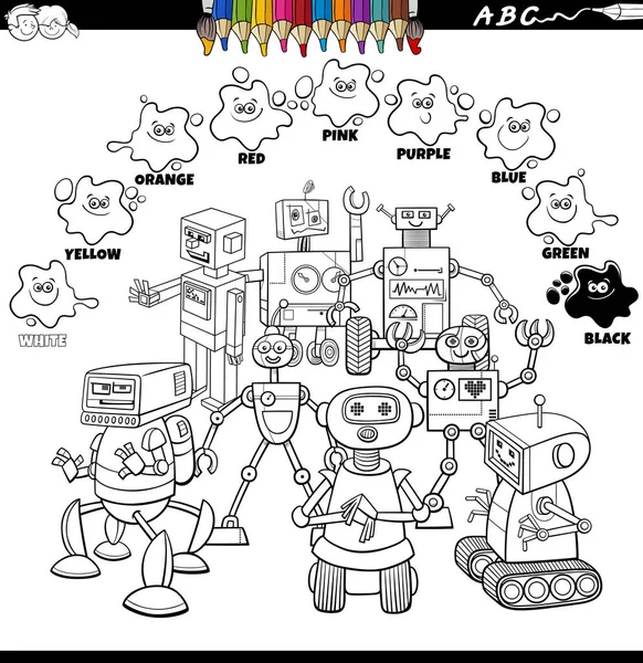 Schwarz Weiße Pädagogische Cartoon Illustration Der Grundfarben Mit Roboterfiguren Gruppe — Stockvektor
