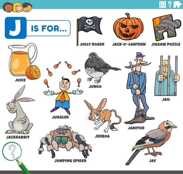 J harfi için belirlenmiş komik karakterleri ve nesneleri olan çocuklar için eğitici çizgi film çizimi