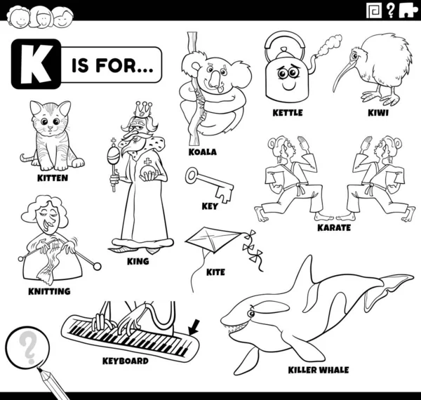 Ilustración Dibujos Animados Educativos Blanco Negro Para Niños Con Personajes — Vector de stock