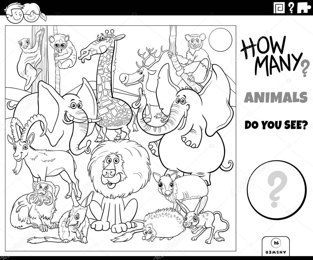 Black and white illustration of educational counting game for children with cartoon wild animal characters group coloring book page