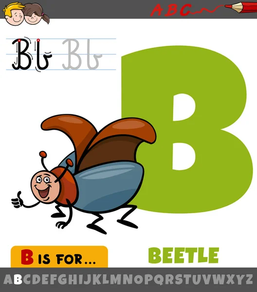 Educational Cartoon Illustration Letter Alphabet Beetle Insect Animal Character — Stock Vector