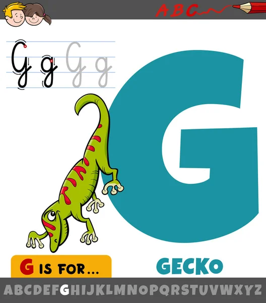 Ilustracja Kreskówki Edukacyjnej Litera Alfabetu Charakterze Gecko Zwierząt — Wektor stockowy