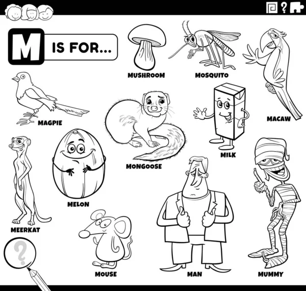 为有漫画人物和物品的儿童设计的黑白教育卡通画 用于字母M的着色书籍页 — 图库矢量图片