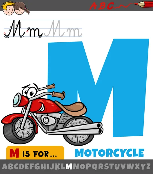 Ilustracja Kreskówki Edukacyjnej Litera Alfabetu Charakterze Transportu Motocyklowego — Wektor stockowy