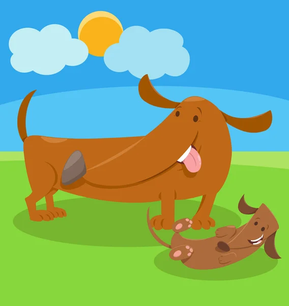 Desenhos Animados Ilustração Cão Dachshund Personagem Animal Com Filhote Cachorro — Vetor de Stock