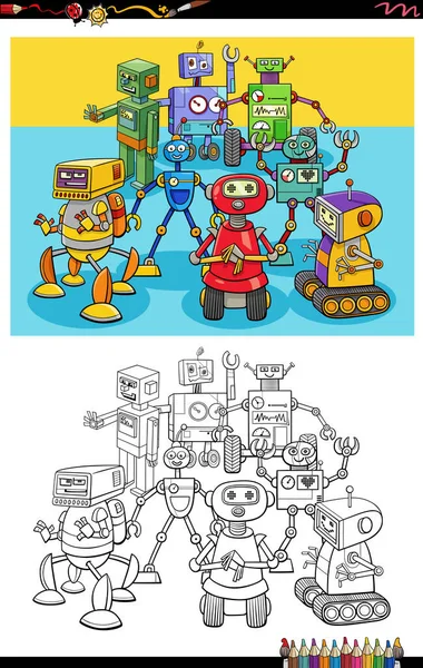Cartoon Illustration Funny Robots Comic Characters Group Coloring Book Page — Image vectorielle