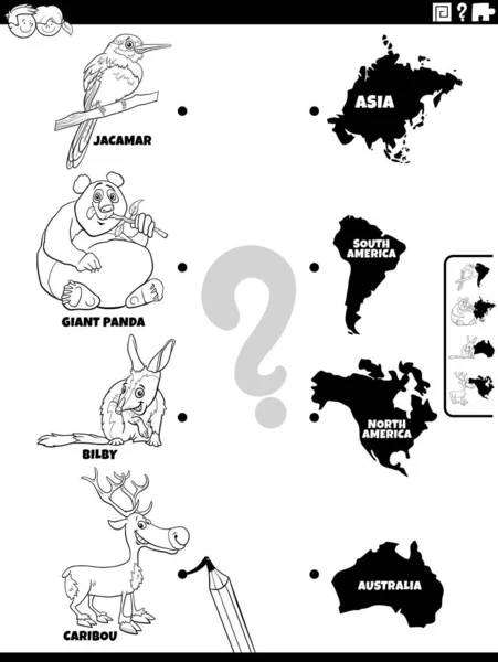 Černobílé Kreslené Ilustrace Vzdělávací Odpovídající Úkol Živočišných Druhů Znaků Kontinentů — Stockový vektor