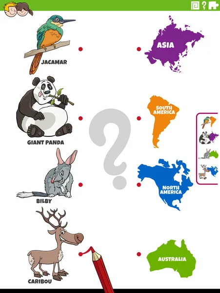 動物種のキャラクターや大陸の形と教育マッチングタスクの漫画イラスト — ストックベクタ