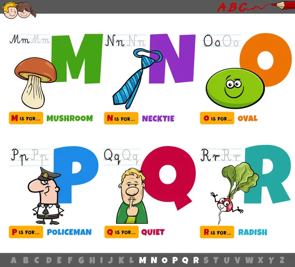 MからRまでの子供のための読み書き練習のためのアルファベット教育セットからの大文字の漫画のイラスト — ストックベクタ