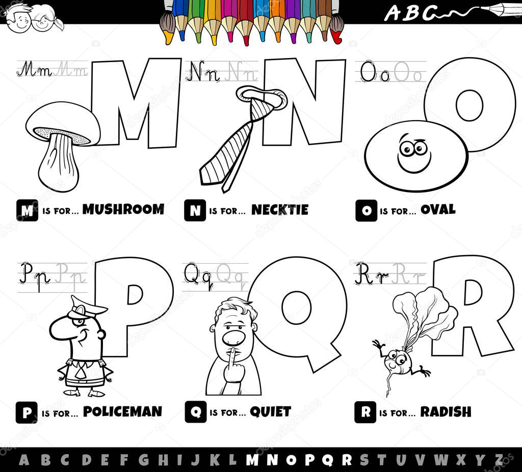 Black and white cartoon illustration of capital letters from alphabet educational set for reading and writing practise for children from M to R coloring book page