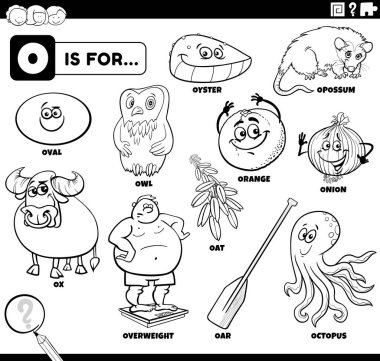 Siyah ve beyaz çizgi film çizimleri çizgi film karakterleri ve nesneleri olan çocuklar için O boyama kitabı sayfası için ayarlandı