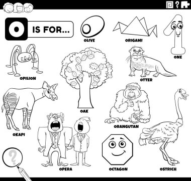 Siyah ve beyaz çizgi film çizimleri çizgi film karakterleri ve nesneleri olan çocuklar için O boyama kitabı sayfası için ayarlandı