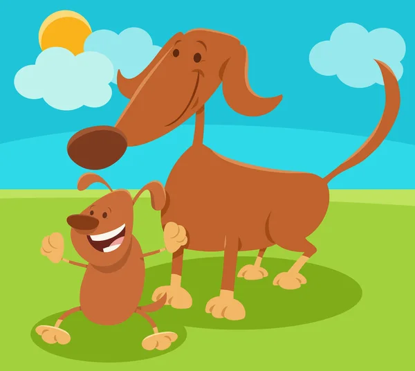 Cartoon Illustration Von Hund Mama Tierfigur Mit Verspieltem Welpen — Stockvektor