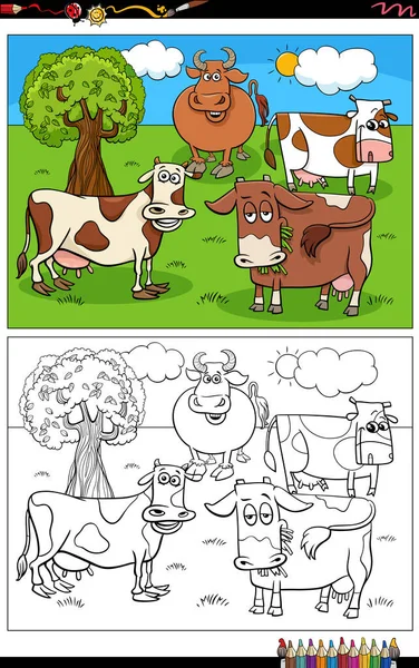 Cartoon Illustratie Van Runderen Boerderij Dieren Stripfiguren Groep Kleurboek Pagina — Stockvector