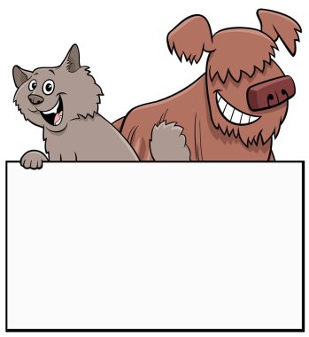 Boş kart ya da tahta şablonu grafik tasarımı olan kedi ve köpeğin çizgi film çizimi