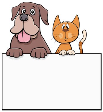 Boş kart şablonu grafik tasarımlı kedi ve köpeğin çizgi film çizimi
