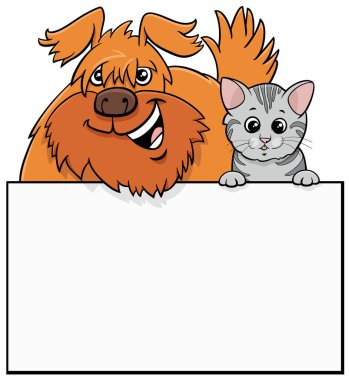 Kabarık köpek ve kedi yavrusunun çizgi film çizimi boş kart ya da tahta şablonu grafik tasarımı
