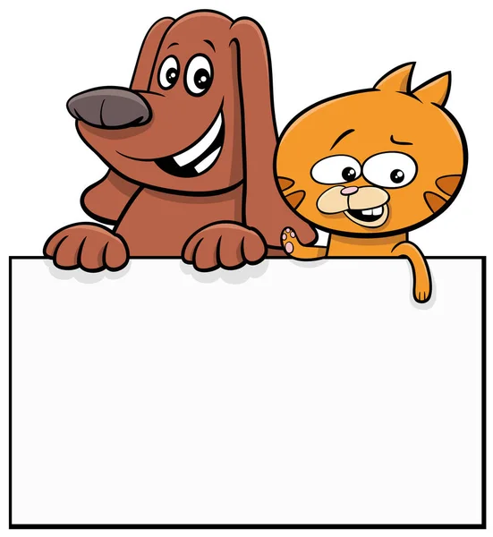 Desenhos Animados Ilustração Cão Gato Com Cartão Branco Modelo Cartaz — Vetor de Stock