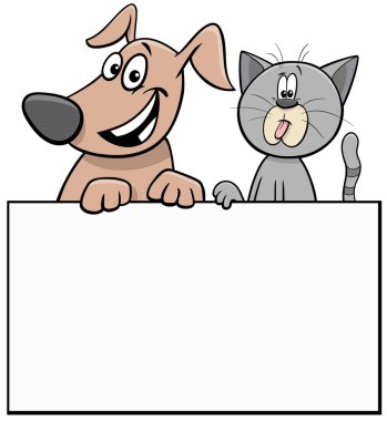 Boş kart şablonlu komik kedi ve köpeğin çizgi film çizimi