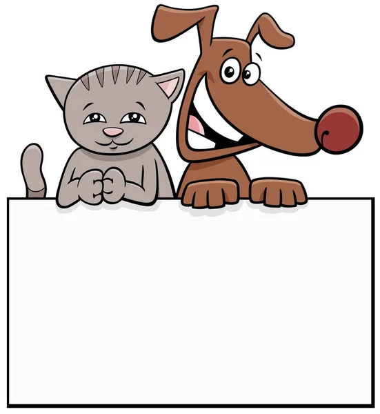 Desenhos Animados Ilustração Cão Gato Com Cartão Branco Modelo Placa —  Vetores de Stock