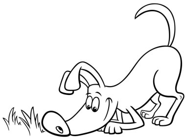 Black and white cartoon illustration of funny sniffing dog animal character coloring book page