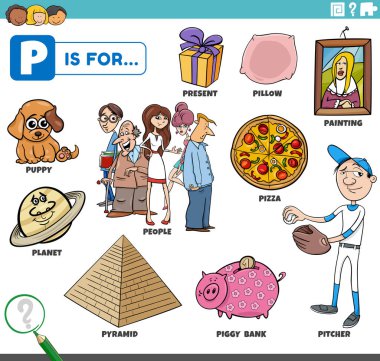 P harfi için belirlenmiş komik karakterleri ve nesneleri olan çocuklar için eğitici çizgi film illüstrasyonu