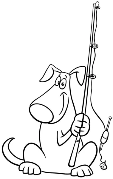 Black White Cartoon Illustration Funny Dog Animal Character Fishing Rod — Stock Vector