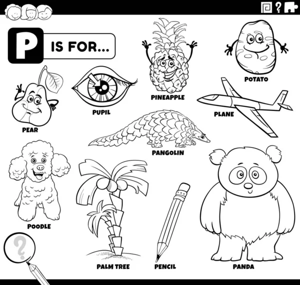P harfi boyama kitabı sayfası için belirlenmiş komik karakterleri ve nesneleri olan çocuklar için siyah ve beyaz eğitim çizgi filmi illüstrasyonu