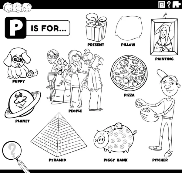Black White Educational Cartoon Illustration Children Comic Characters Objects Set — Vector de stock