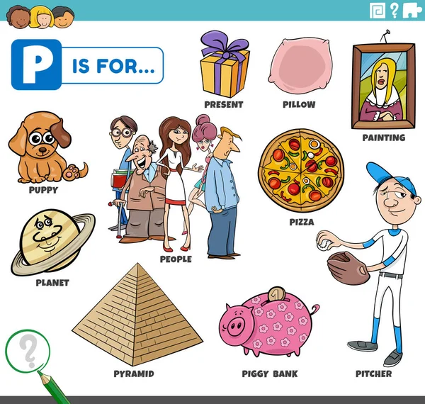 P harfi için belirlenmiş komik karakterleri ve nesneleri olan çocuklar için eğitici çizgi film illüstrasyonu