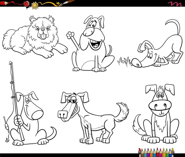 Illustrazione Bianco Nero Del Fumetto Simpatici Cani Personaggi Animali Set — Vettoriale Stock