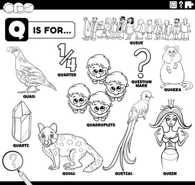 Q harfi boyama kitabı sayfasına eklenmiş komik karakterli ve nesneli çocuklar için siyah ve beyaz çizgi film çizimi
