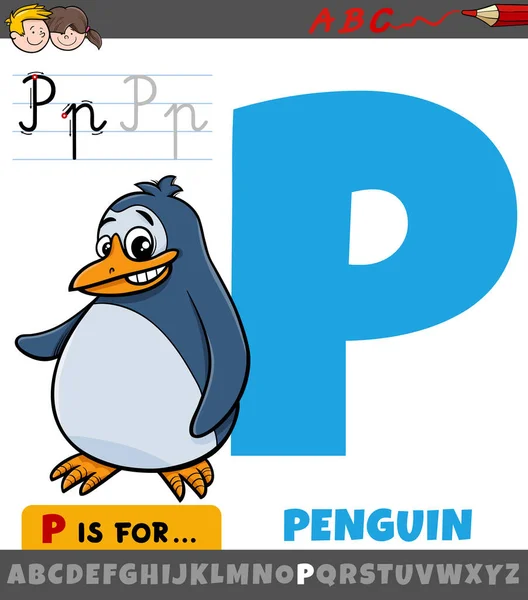 ペンギン鳥のキャラクターを持つアルファベットからの文字Pの教育漫画のイラスト — ストックベクタ