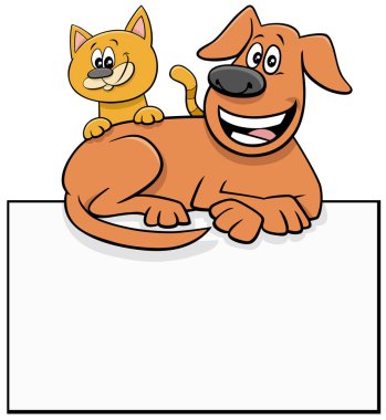Boş kart ya da tahta grafik tasarımı olan kedi ve köpeğin çizgi film çizimi