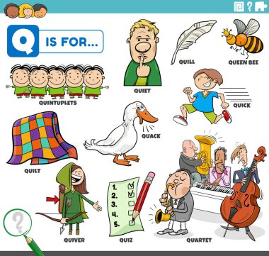 educational cartoon illustration for children with comic characters and objects set for letter Q