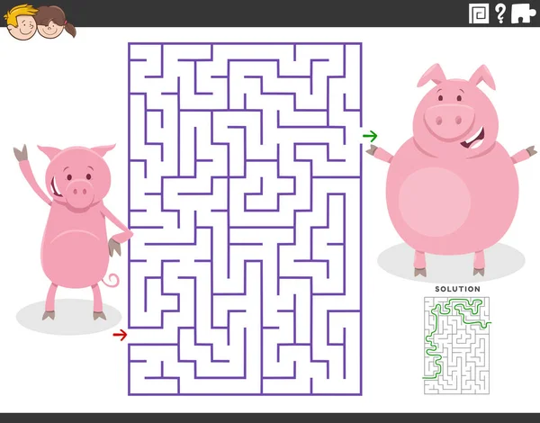 Cartoon Illustration Educational Maze Puzzle Game Children Mother Pig Little — Archivo Imágenes Vectoriales