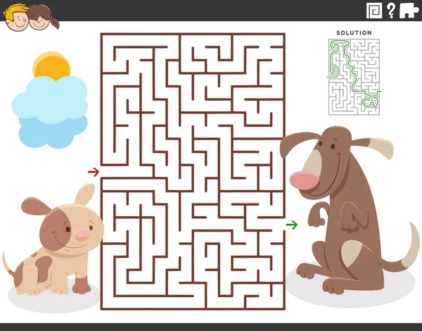 Cartoon Illustration Educational Maze Puzzle Game Children Mother Dog Little — Stok Vektör