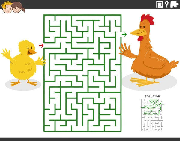 Cartoon Illustration Educational Maze Puzzle Game Children Mother Hen Little — Vetor de Stock