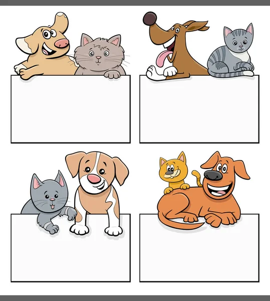 Illustration Dessins Animés Chiens Chats Avec Cartes Singboards Graphisme Ensemble — Image vectorielle