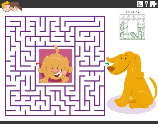 母犬とかわいい子犬を持つ子供のための教育迷路パズルゲームの漫画イラスト — ストックベクタ