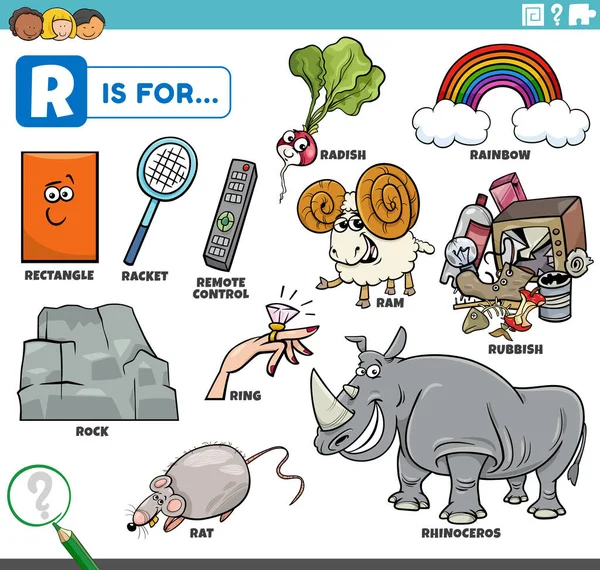 Pädagogische Zeichentrickillustration Für Kinder Mit Comicfiguren Und Objekten Für Den — Stockvektor
